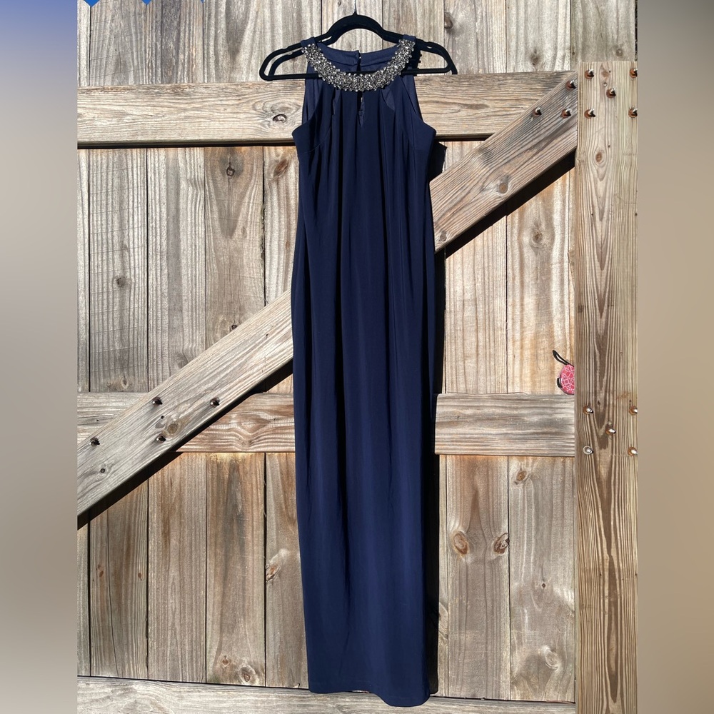Scarlett Navy Maxi Formal Dress with Embellished Rhinestone Neckline Sz 8